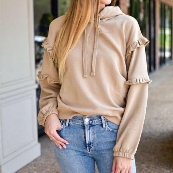 Rebecca Minkoff Evelyn Ruffle Hoodie in Sand – Size Small - Picture 1 of 8